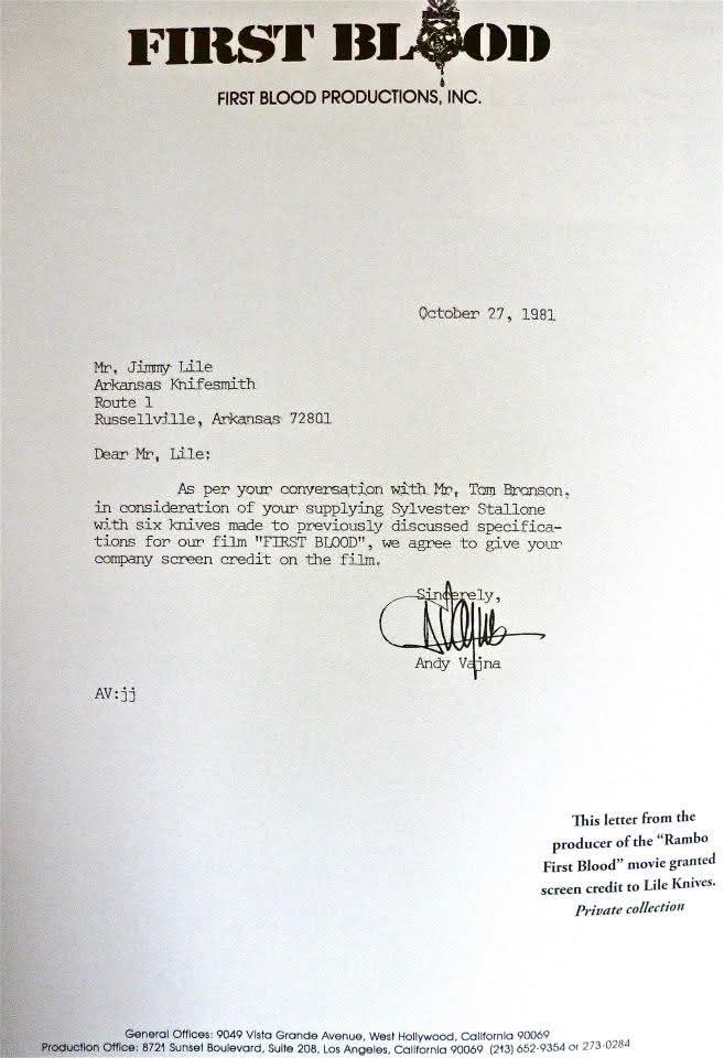 The original order document for Jimmy Lile's First Blood knives