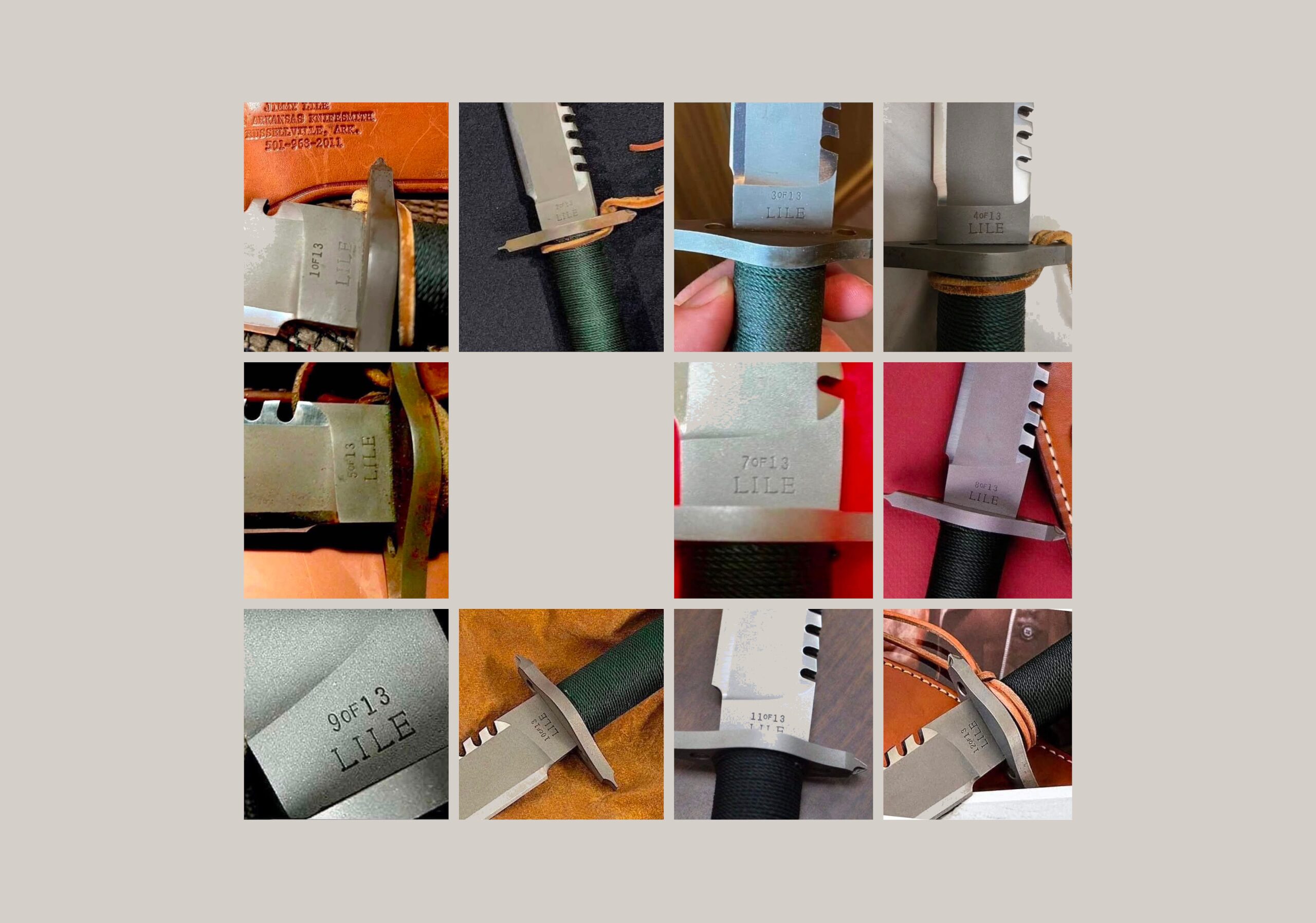 A collage of close-ups of the heels of Jimmy Lile's original First Blood knives, each with its own number above the LILE signature