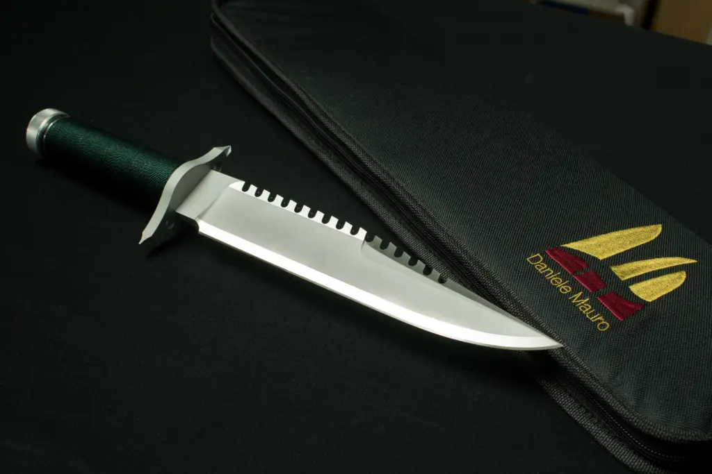 First Blood replica by Daniele Mauro, right side, resting on its cordura case