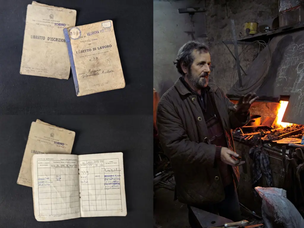 The 1968 work record book and Clemente Mauro, Daniele's father, at the forge